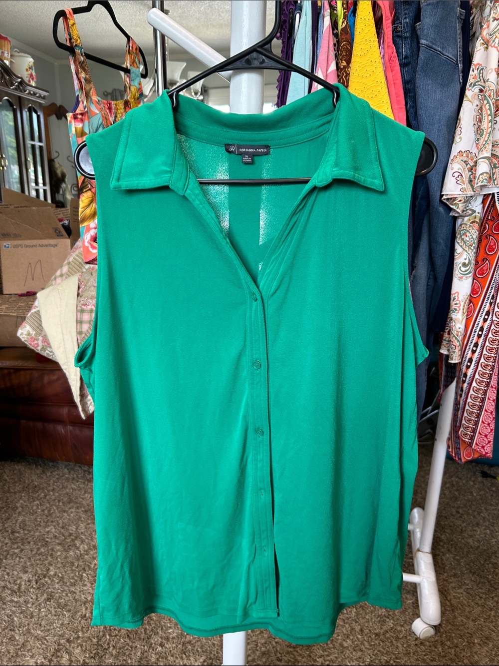 Adrianna Papell Sleeveless Button-Down Top - Emerald Green Size XL